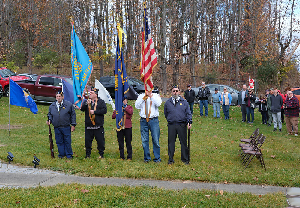 The American Legion Color Guard opened and closed the Veterans Day Ceremony at the Memorial at the Marlboro Middle School
